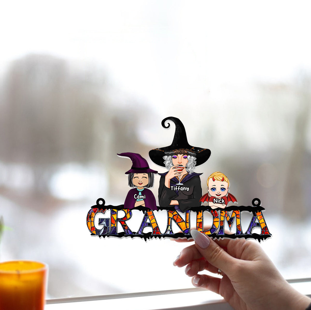 Halloween pour grand-mère - Décoration attrape-soleil personnalisée à suspendre à la fenêtre pour grand-mère 