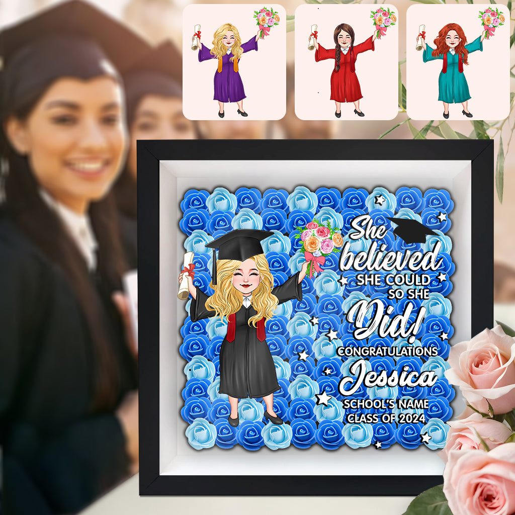 She Believed She Could So She Did - Personalized Graduation Custom Shaped Flower Shadow Box