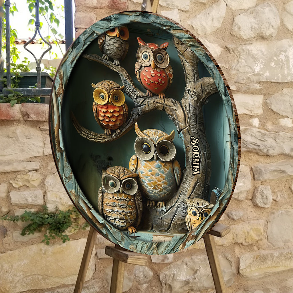 Hibou vintage - Panneau rond en bois personnalisé avec hibou