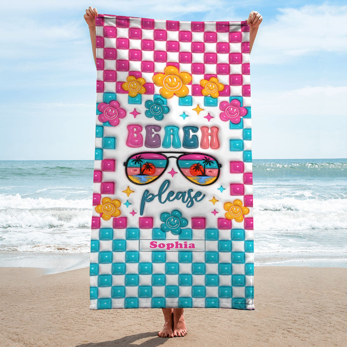 Serviette de plage personnalisée « Beach Please » pour amoureux de la mer