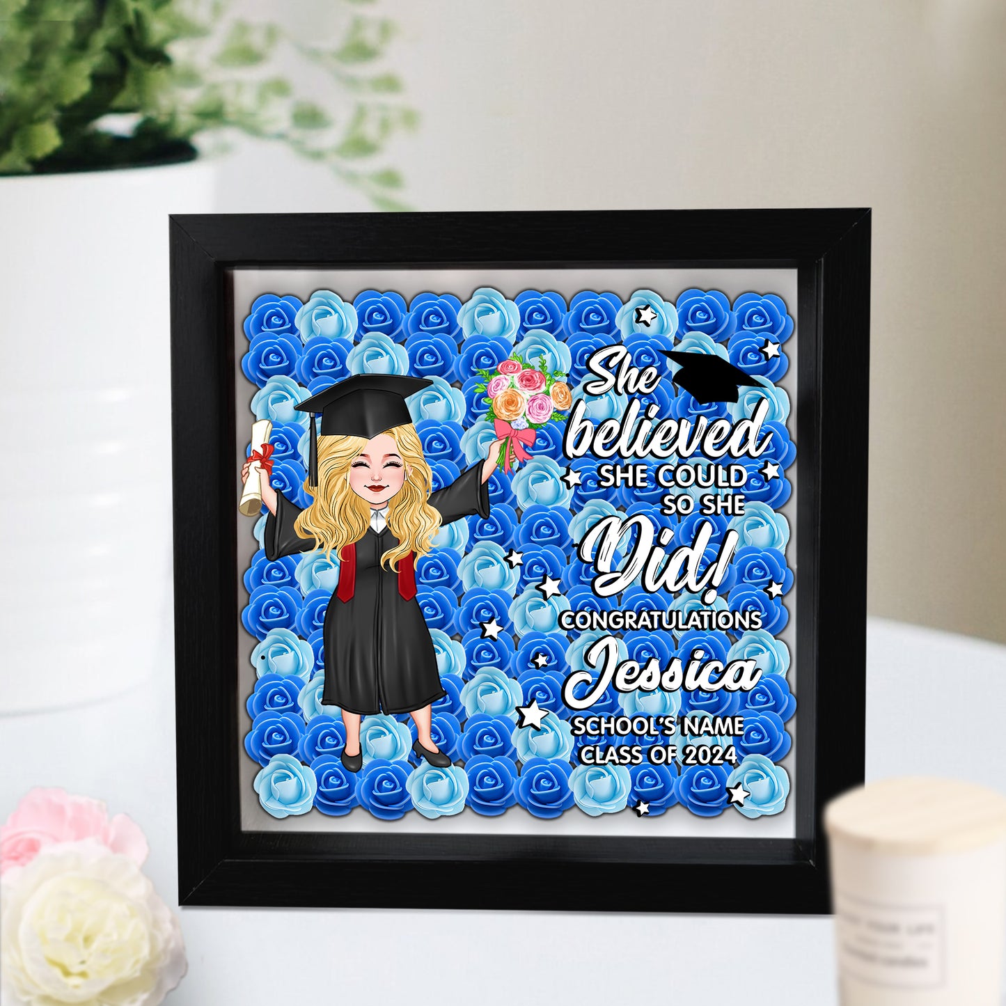 She Believed She Could So She Did - Personalized Graduation Custom Shaped Flower Shadow Box