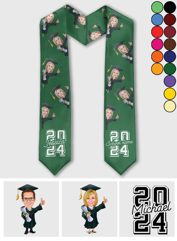 Écharpe de remise de diplôme personnalisée avec un personnage caricatural et amusant 