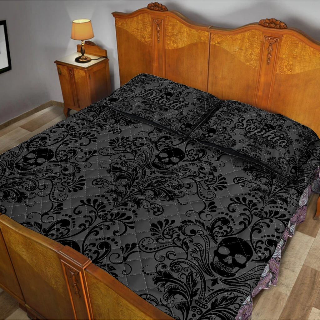 Crâne floral noir et gris - Ensemble de courtepointe personnalisé à motif crâne