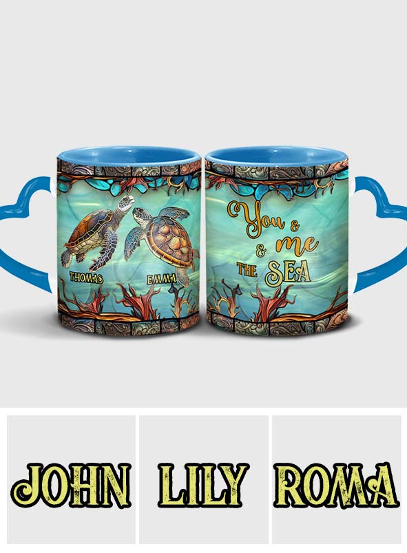 Toi, moi et la mer - Mug personnalisé avec anse en forme de cœur et de tortue