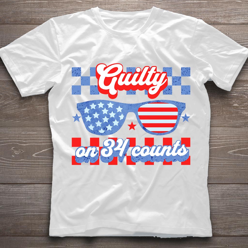 T-shirt « Criminel condamné », T-shirt « Coupable de 34 chefs d'accusation », T-shirt Trump pour le 4 juillet, T-shirt humoristique pro-Trump 2024, T-shirts MAGA