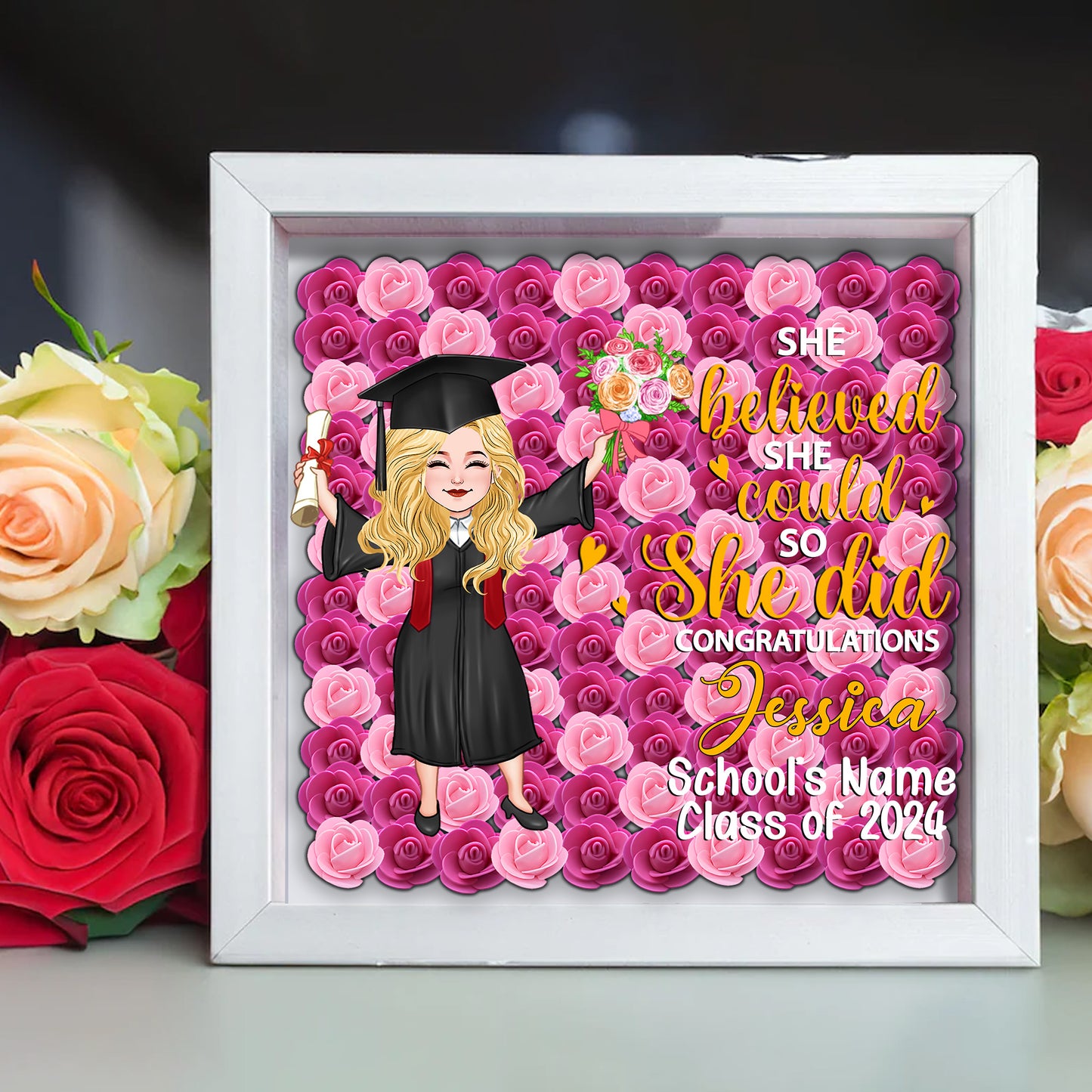 Fille diplômée 2024 - Boîte à souvenirs florale personnalisée