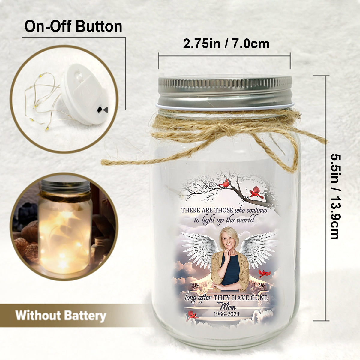 Illuminez le monde - Cadeau de condoléances personnalisé - Bocal Mason lumineux commémoratif