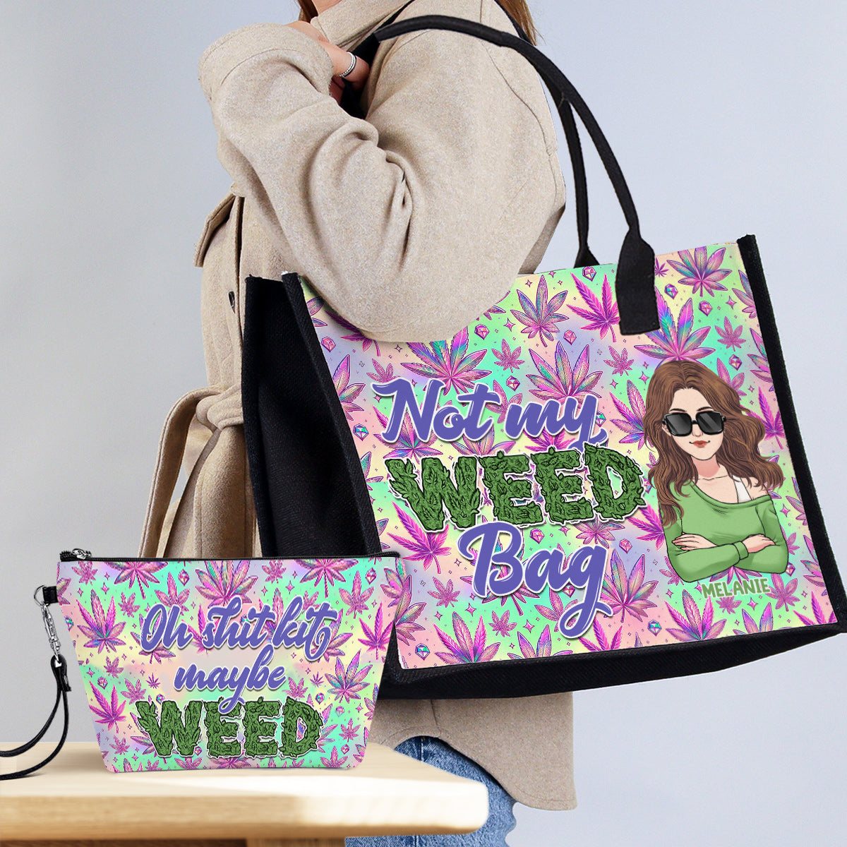 Mother Shite Maybe 420 - Sac fourre-tout et trousse de toilette en toile personnalisée sur le thème du cannabis