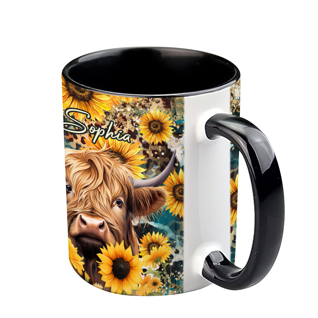 Mug personnalisé « Vache des Highlands parmi les tournesols »