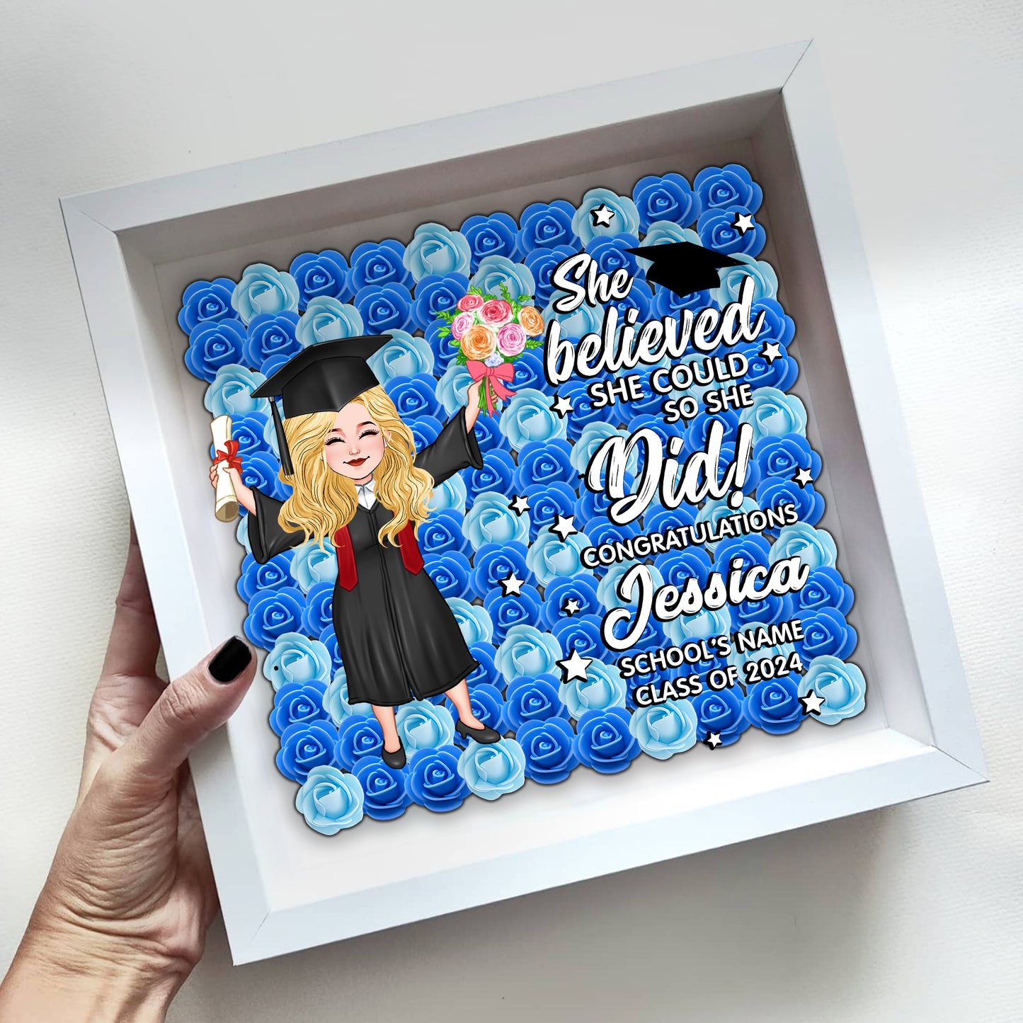 She Believed She Could So She Did - Personalized Graduation Custom Shaped Flower Shadow Box
