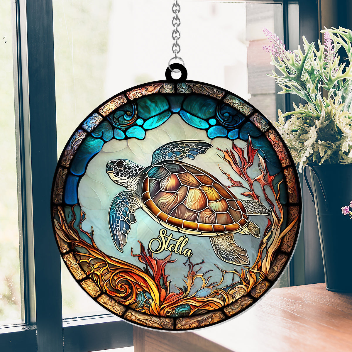J'adore les tortues - Décoration attrape-soleil personnalisée en forme de tortue à suspendre à la fenêtre 