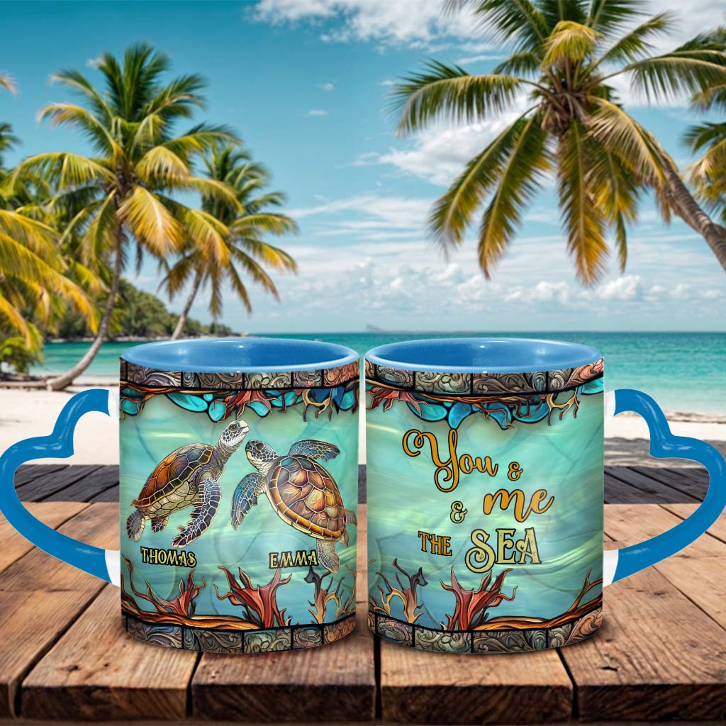 Toi, moi et la mer - Mug personnalisé avec anse en forme de cœur et de tortue
