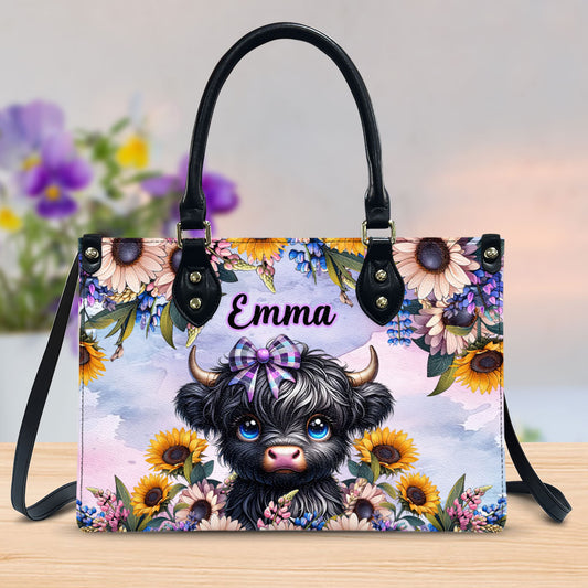 Sac à main en cuir personnalisé avec une adorable petite vache des Highlands