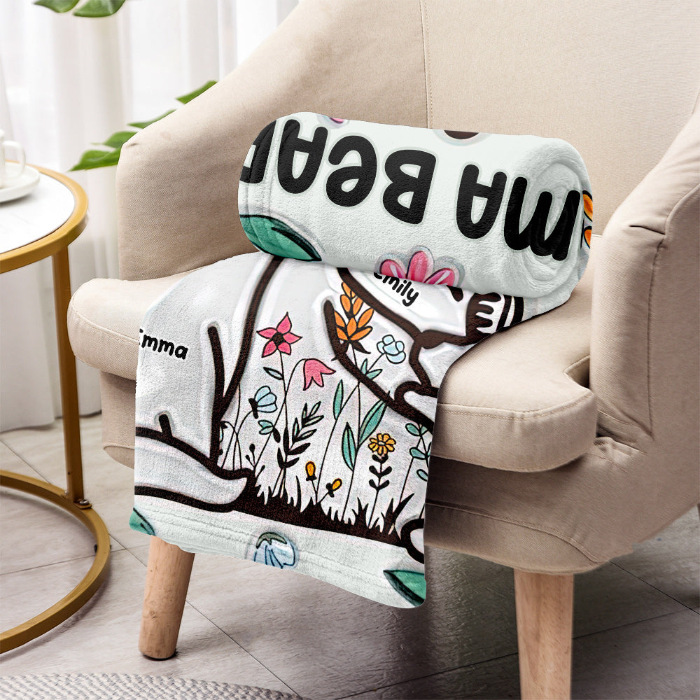 Couverture personnalisée « Maman ourse câlinant ses petits » style floral