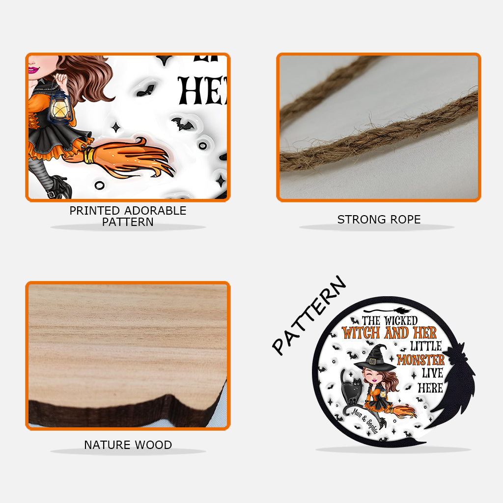 La méchante sorcière et ses petits monstres vivent ici - Panneau en bois personnalisé en forme de sorcière