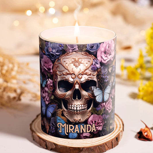 Beauté des ténèbres Crâne Roses Papillons - Bougie personnalisée en forme de crâne avec couvercle en bois