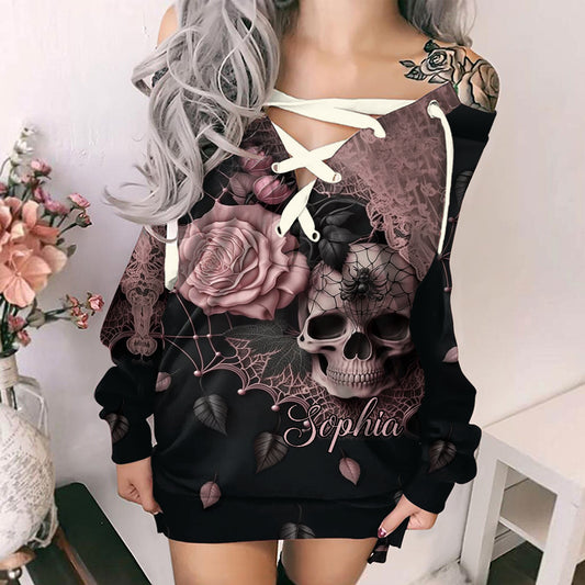 Robe à manches longues et épaules dénudées personnalisée à motif floral et crâne - Robe enchanteresse à fleurs et crâne - Motif crâne et tête de mort