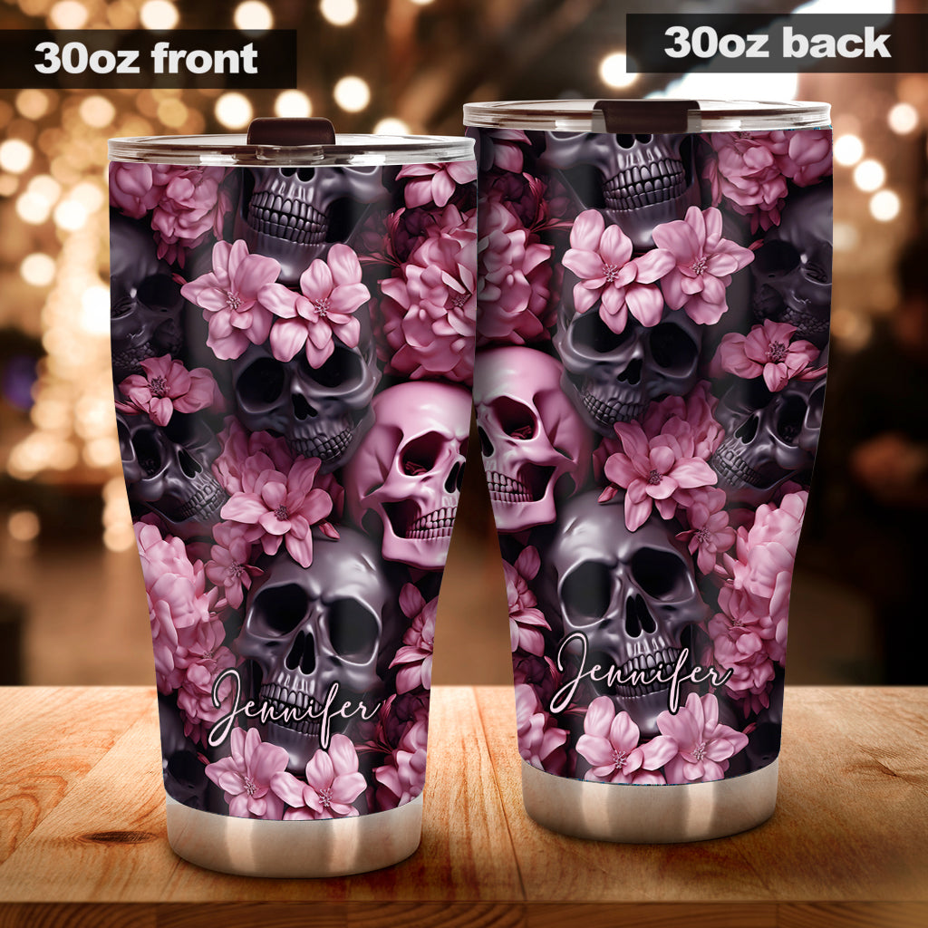 Pink Flowers Black Skulls - Personalized Skull Tumbler