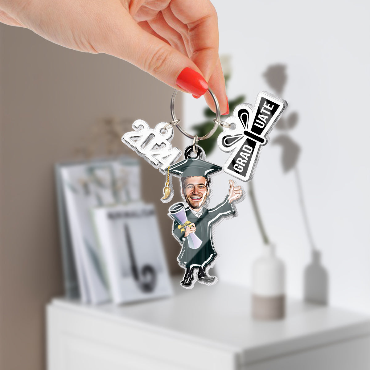 Funny Graduate Caricature - Personalized Graduation Keychain with Charms