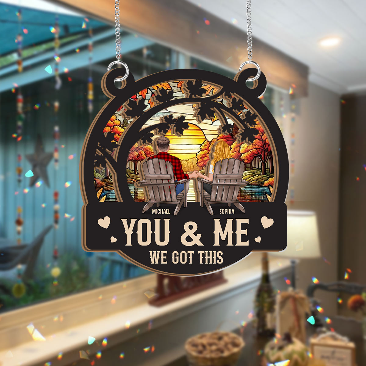 Nous avons ce qu'il vous faut pour cet automne ! - Attrape-soleil personnalisé pour couple, à deux niveaux, à suspendre à la fenêtre