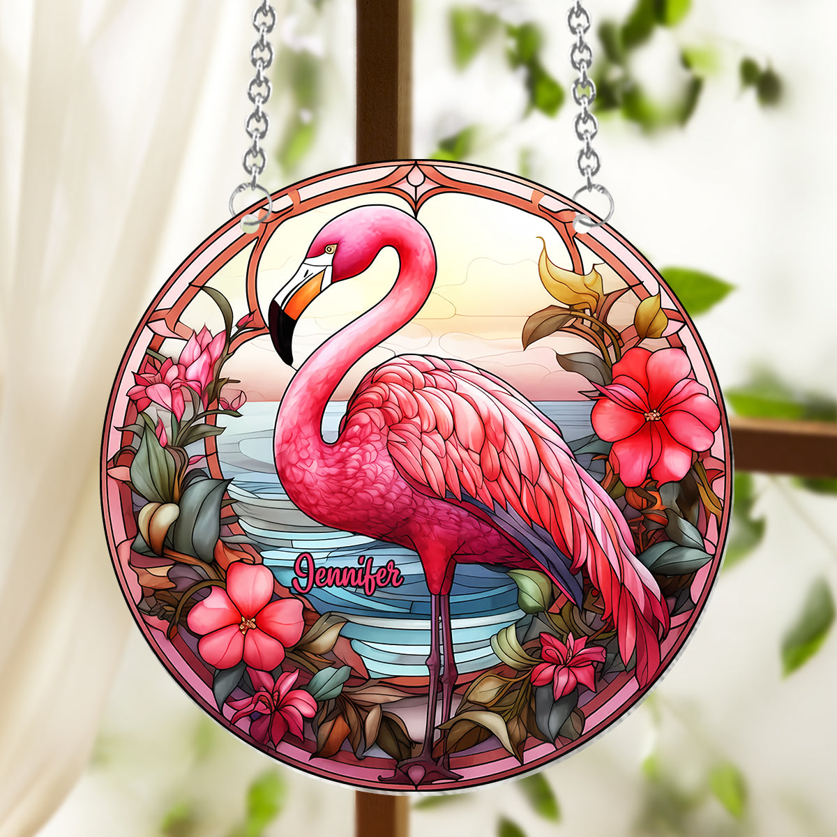 J'adore les flamants roses - Ornement attrape-soleil personnalisé à suspendre à la fenêtre, motif flamant rose 