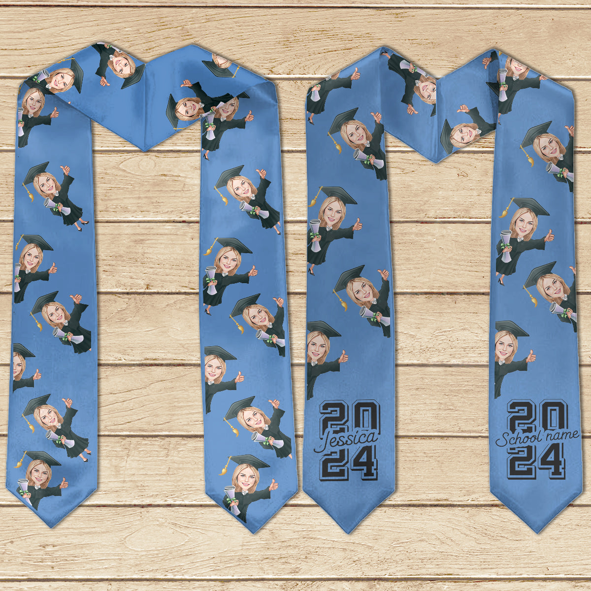 Écharpe de remise de diplôme personnalisée avec un personnage caricatural et amusant 