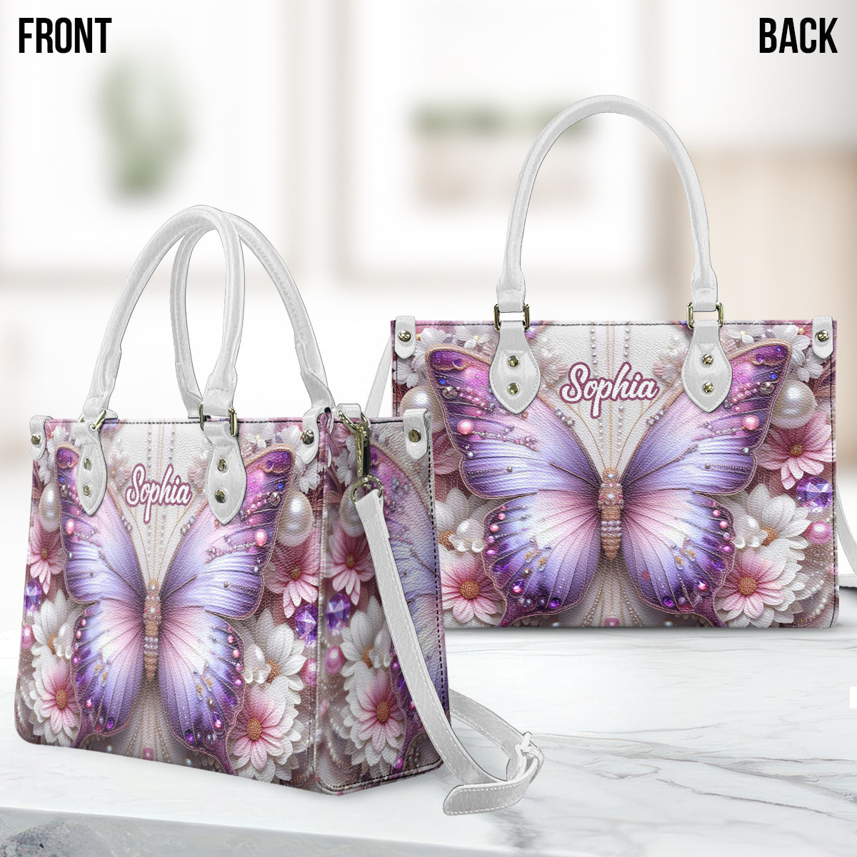 Sac à main en cuir personnalisé à motif papillons et fleurs