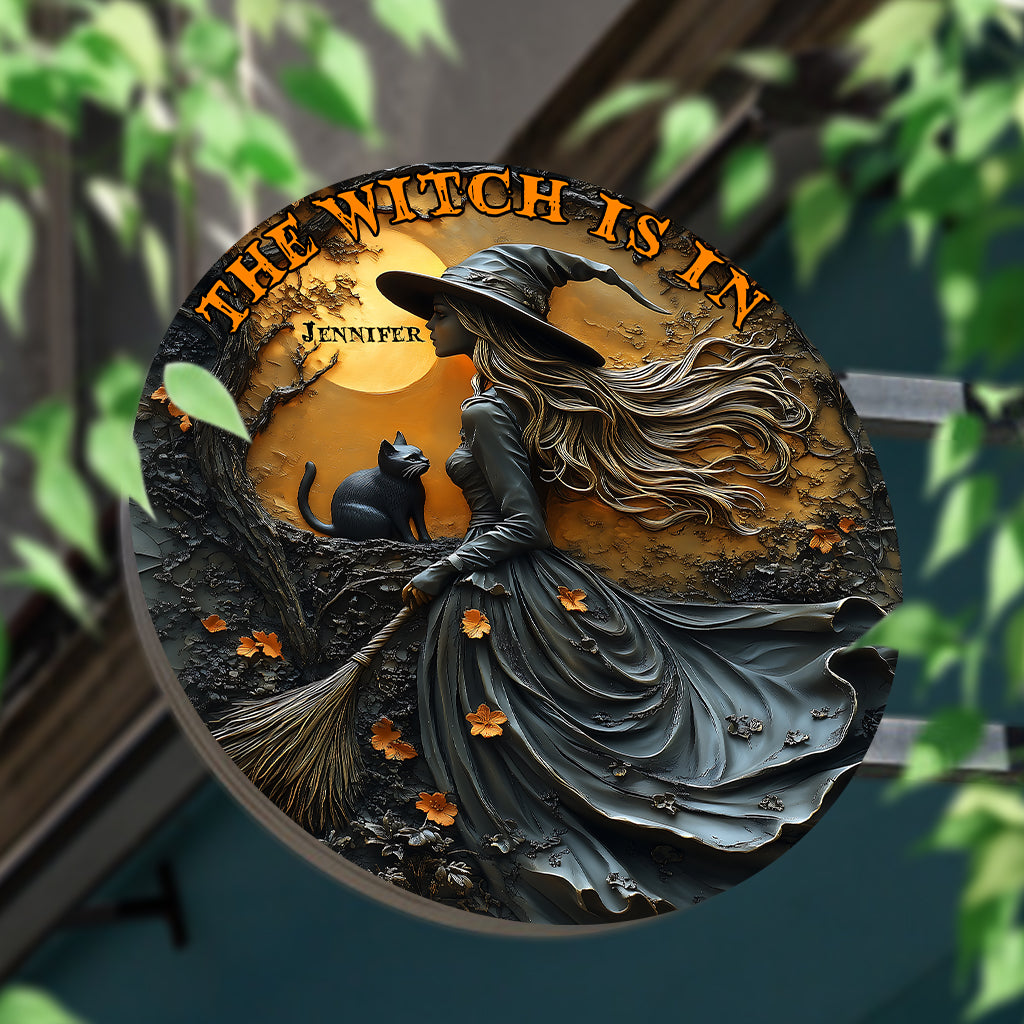 Belle sorcière et son chat noir - Panneau rond en métal personnalisé « Sorcière »