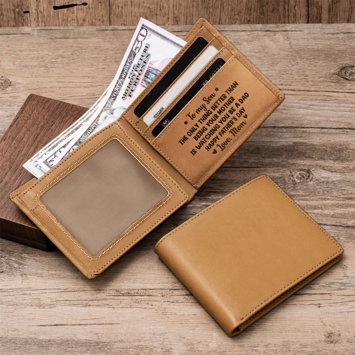 À mon fils, de la part de maman et papa. Bonne fête des pères ! Vue arrière - Portefeuille en cuir personnalisé pour fils