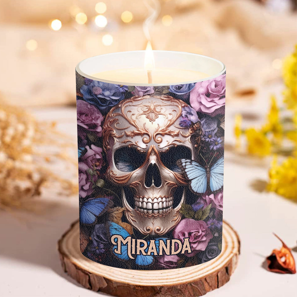 Beauté des ténèbres Crâne Roses Papillons - Bougie personnalisée en forme de crâne avec couvercle en bois