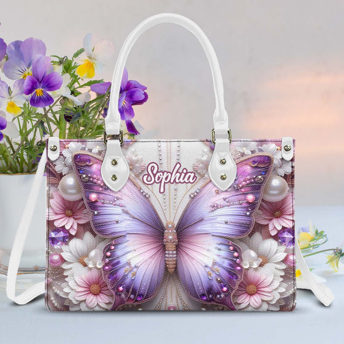 Sac à main en cuir personnalisé à motif papillons et fleurs