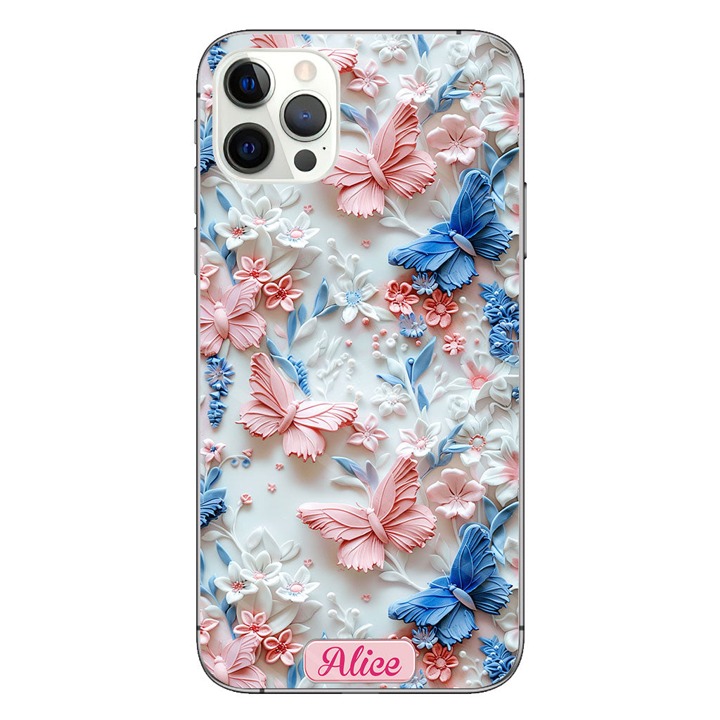 Coque de téléphone transparente personnalisée avec papillons roses et bleus