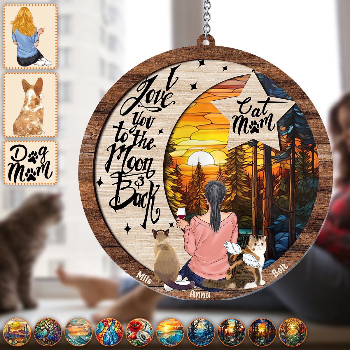 Je t'aime jusqu'à la lune et retour - Décoration attrape-soleil personnalisée pour fenêtre avec un chien