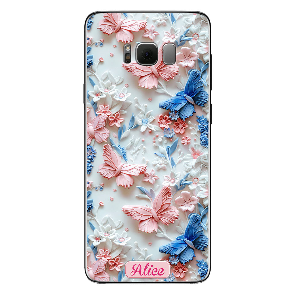 Coque de téléphone transparente personnalisée avec papillons roses et bleus