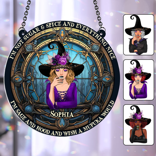 Je ne suis pas toute mignonne et gentille - Décoration de fenêtre attrape-soleil sorcière personnalisée 