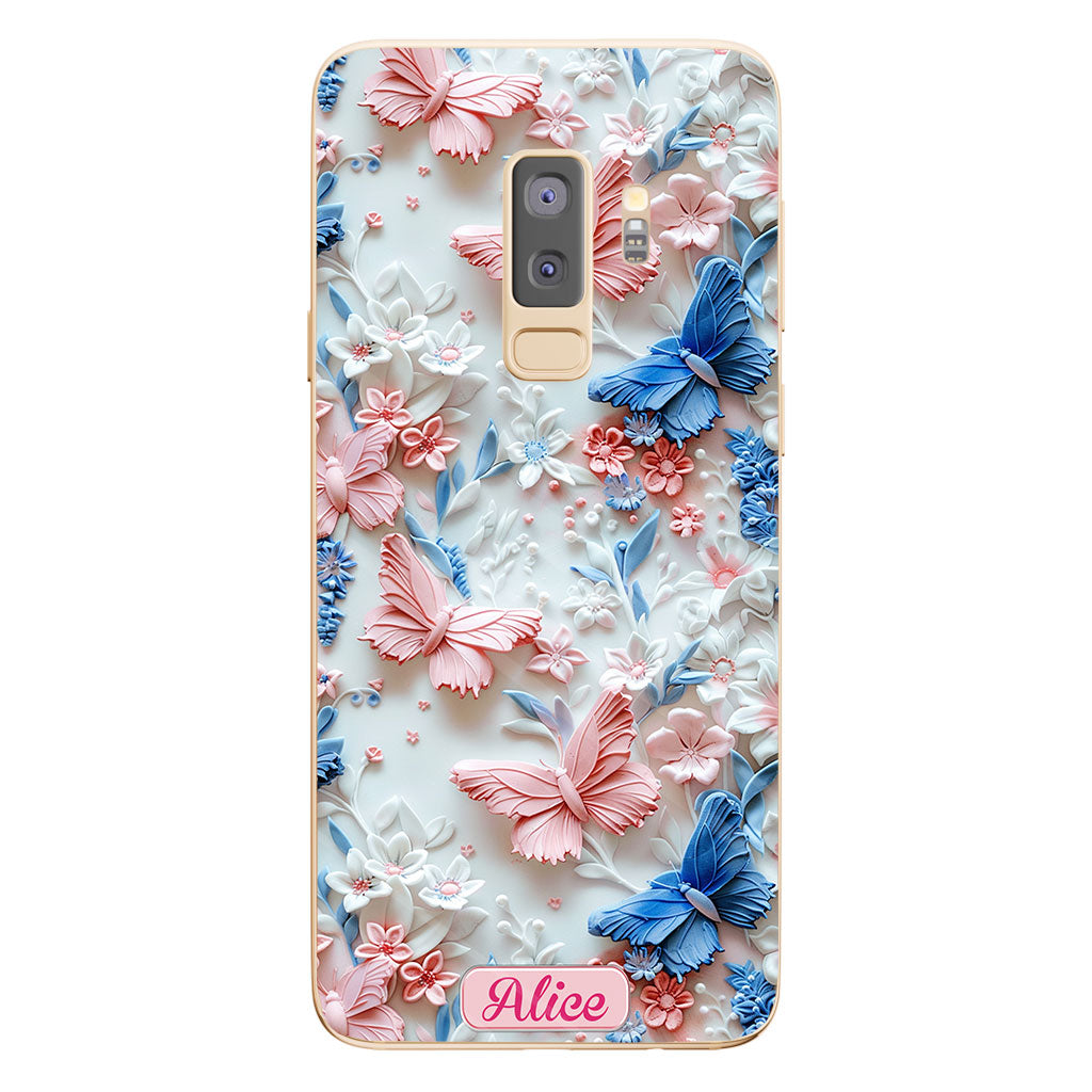 Coque de téléphone transparente personnalisée avec papillons roses et bleus