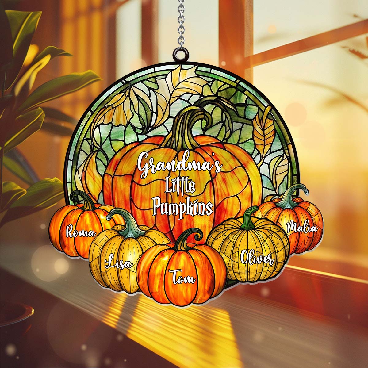 Petites citrouilles de grand-mère - Ornement attrape-soleil personnalisé à suspendre à la fenêtre « Grand-mère » (titre au choix) 