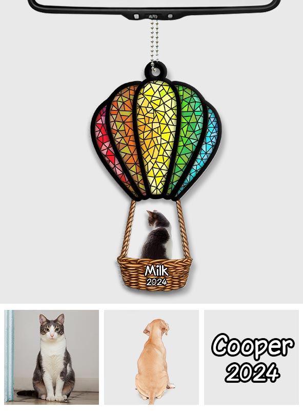 Chat et chien volant en montgolfière - Ornement de voiture transparent personnalisé avec chat