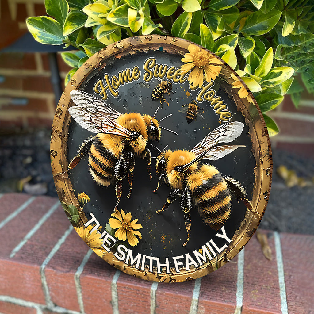 « Home Sweet Home » - Panneau rond en bois personnalisé avec abeille