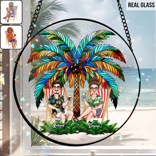 Under The Palm Tree Happy Couple - Personalized Couple Stained Glass Suncatcher