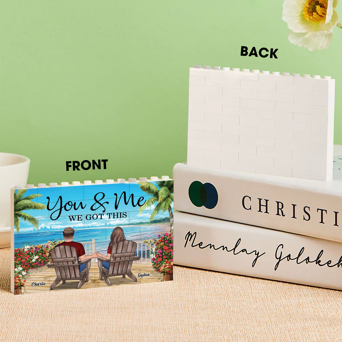 Paysage de plage pour couple, style rétro vintage - Blocs de construction rectangulaires horizontaux personnalisés pour couple (face unique)