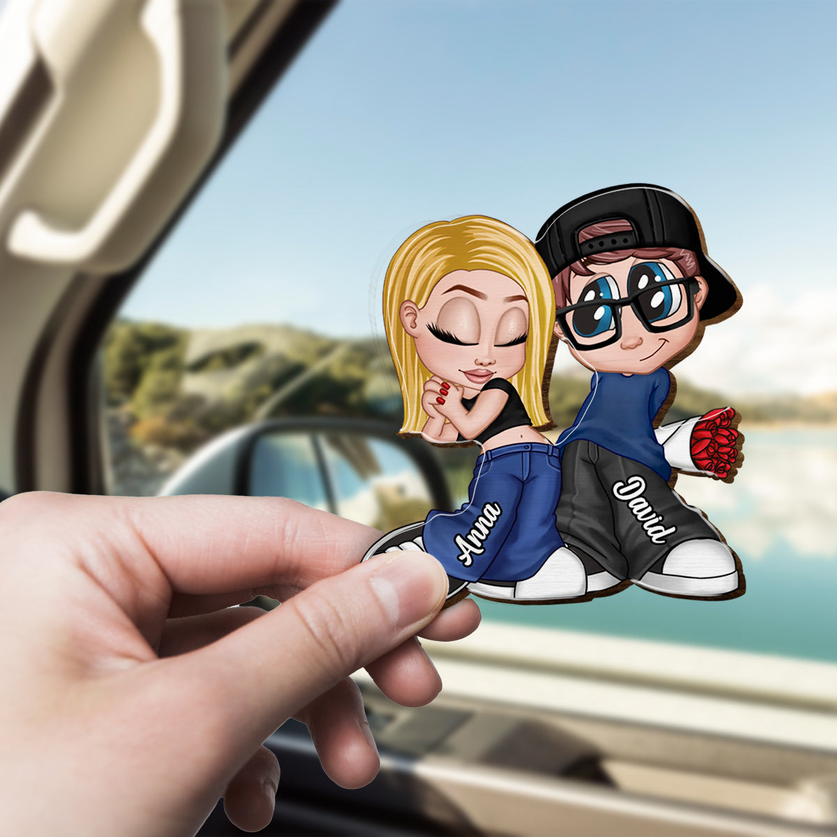 Couple chicano Y2K - Clip de pare-soleil personnalisé en forme de couple