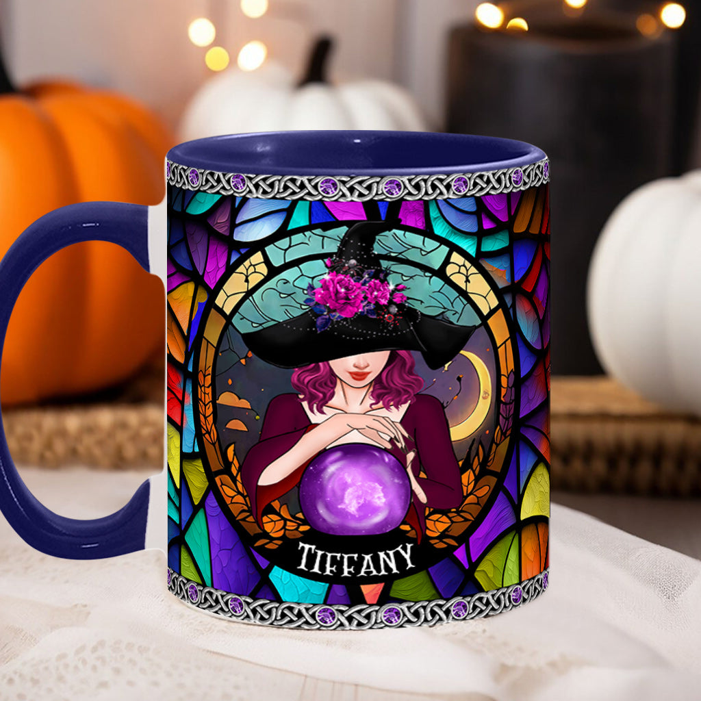 Mug personnalisé à motif sorcière, en vitrail violet mystique