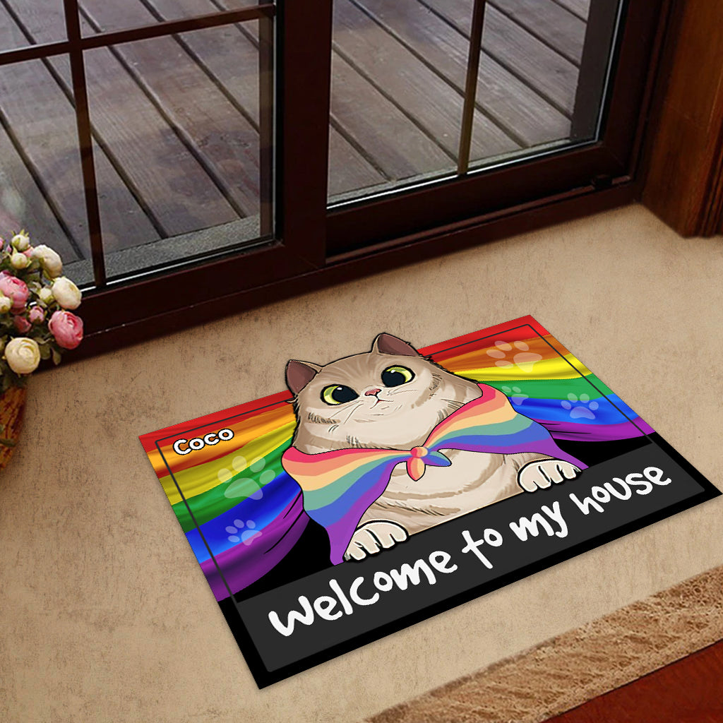 Pride Cat Welcome To My House - Personalized Cat Shaped Doormat