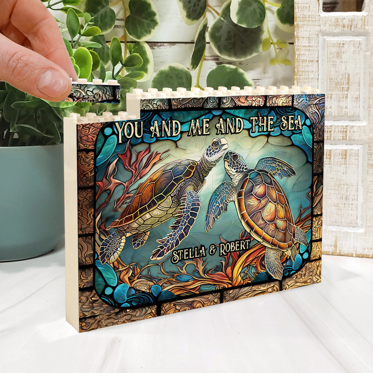 Beautiful Turtle Stained Glass You And Me - Personalized Turtle One-sided Horizontal Rectangle Building Brick Blocks