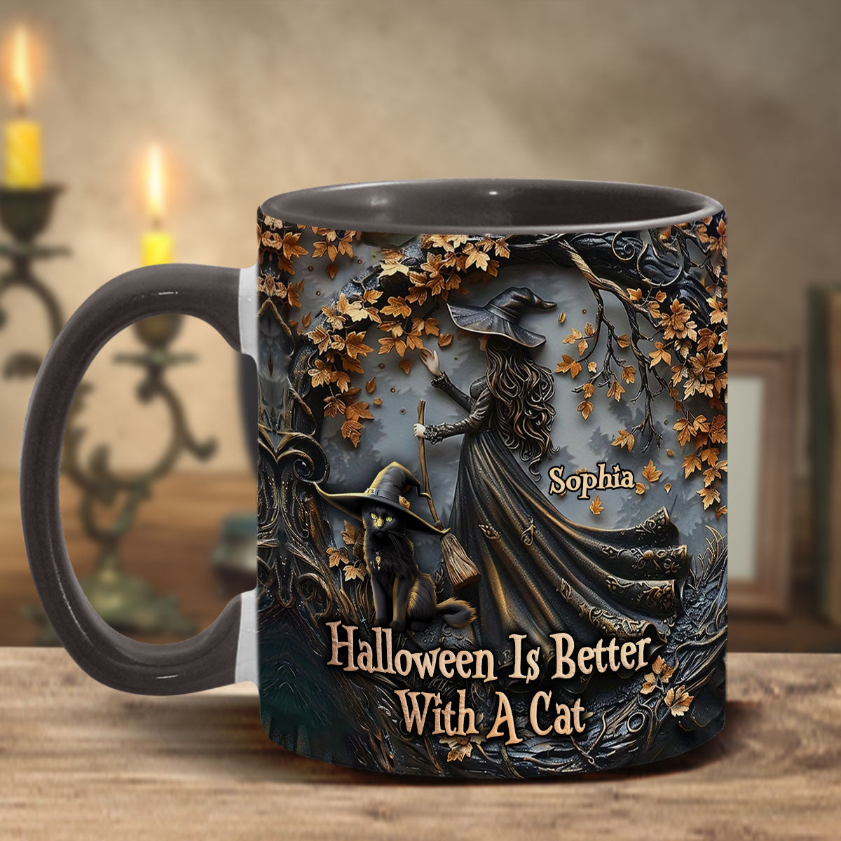 Halloween est plus agréable avec un chat - Mug personnalisé à motif chat noir