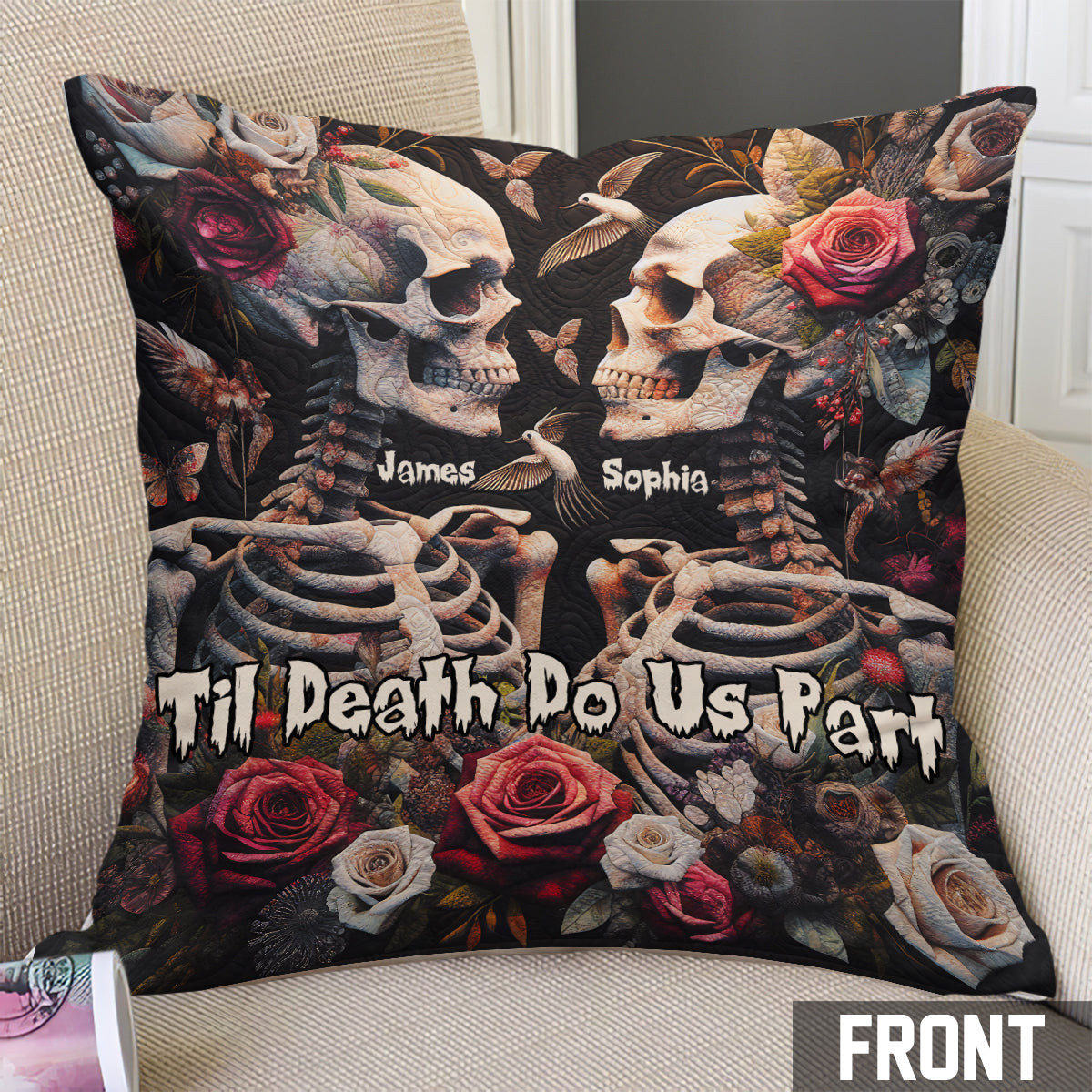 Jusqu'à ce que la mort nous sépare - Coussin décoratif personnalisé en forme de crâne
