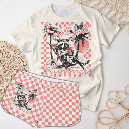 Feral Girl Summer - T-shirt et short femme personnalisés avec motif raton laveur