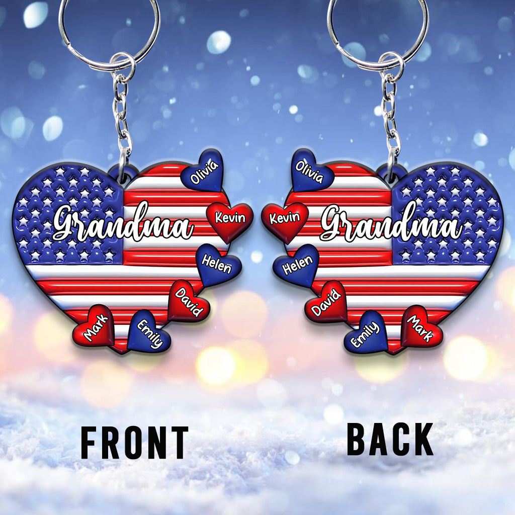 Grandma & Grandkids Puff Heart Flag - Personalized Grandma Keychain