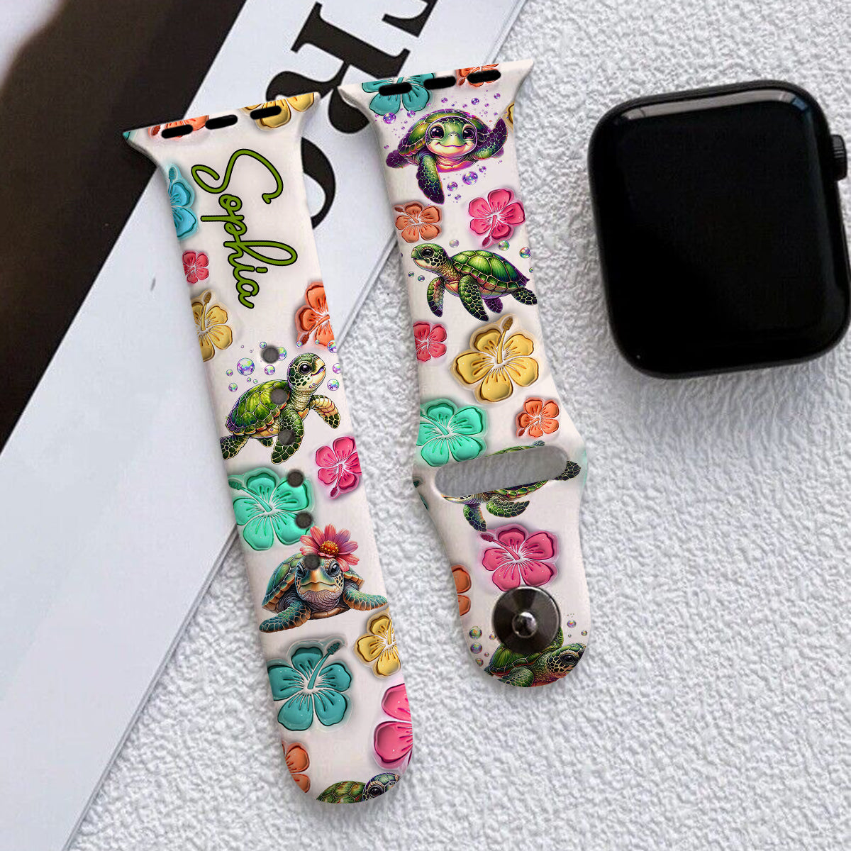 Ambiance estivale pour les amoureux des tortues - Bracelet Apple Watch personnalisé en forme de tortue